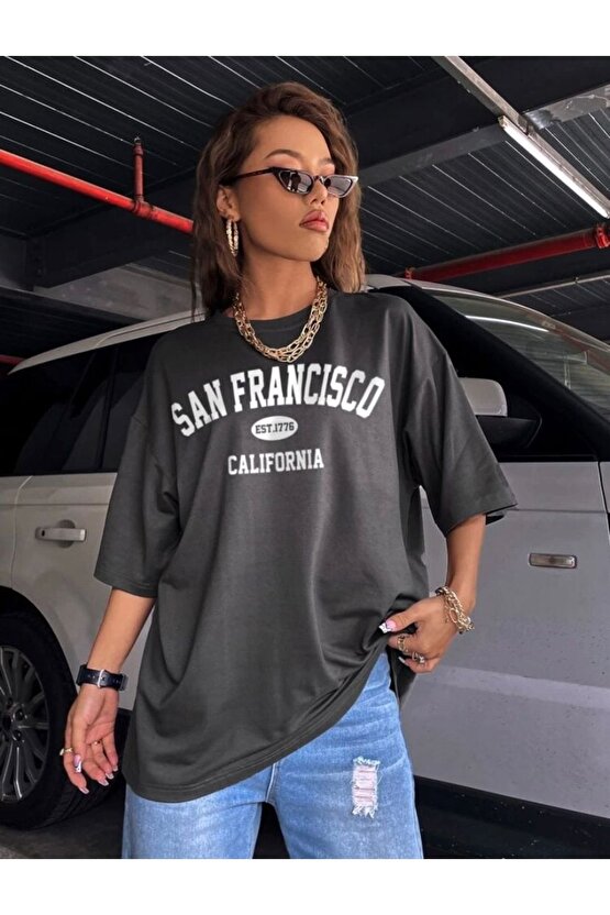 Kadın Oversize San Francisco Baskılı Antrasit Penye Tshirt