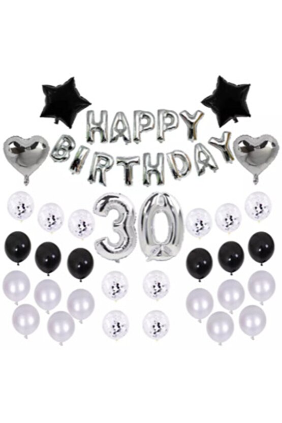 30 Yaş Konfetili Balon Doğum Günü Seti Gümüş Siyah