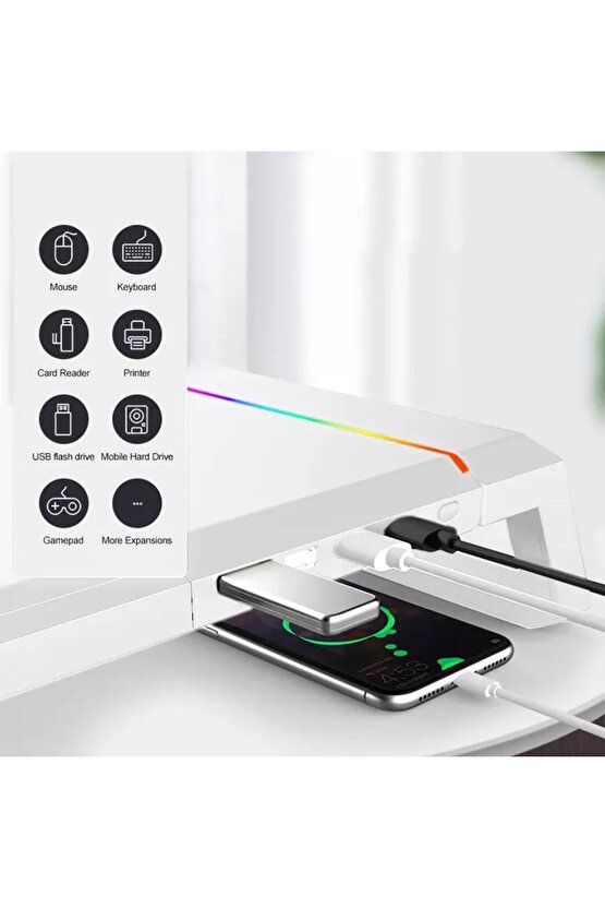 Laptop Sehpası RGB Işıklı Mönitör Standı Ekran Altlığı 4 Usb Hub Telefon Tutuculu