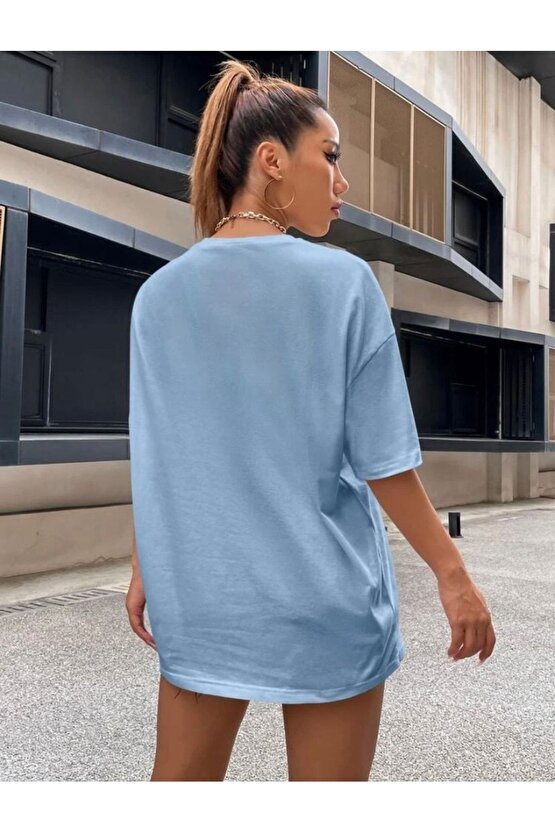 Kadın Oversize East Hampton Baskılı Bebe Mavisi Tshirt