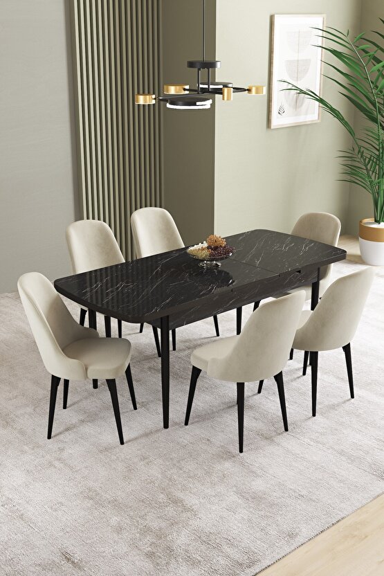 Ikon Siyah Mermer Desen 80x132 Mdf Açılabilir Yemek Masası Takımı 6 Adet Sandalye