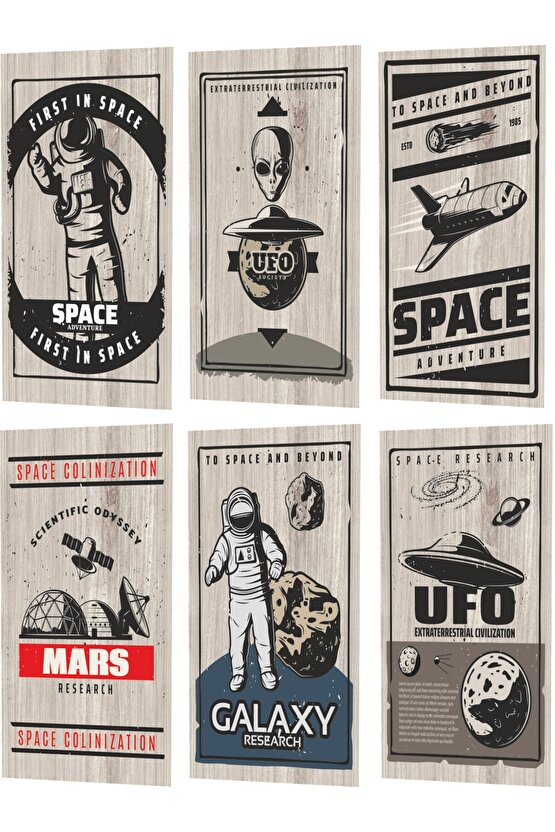Astrono Uzay Ufo Uzaylı Temalı Ahşap Desenli 6lı Mini Retro Ahşap Poster Seti 6 Poster Birden