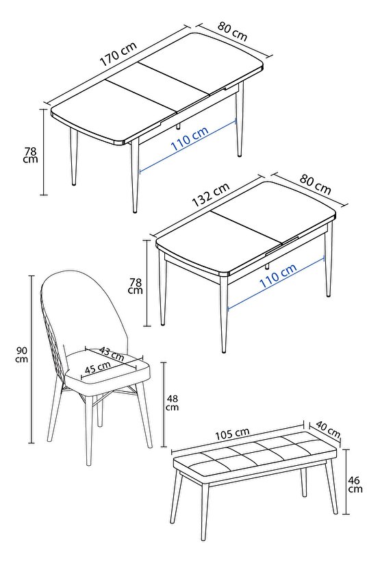 Calvin Beyaz 80x132 Mdf Açılabilir Mutfak Masası Takımı 4 Sandalye, 1 Bench