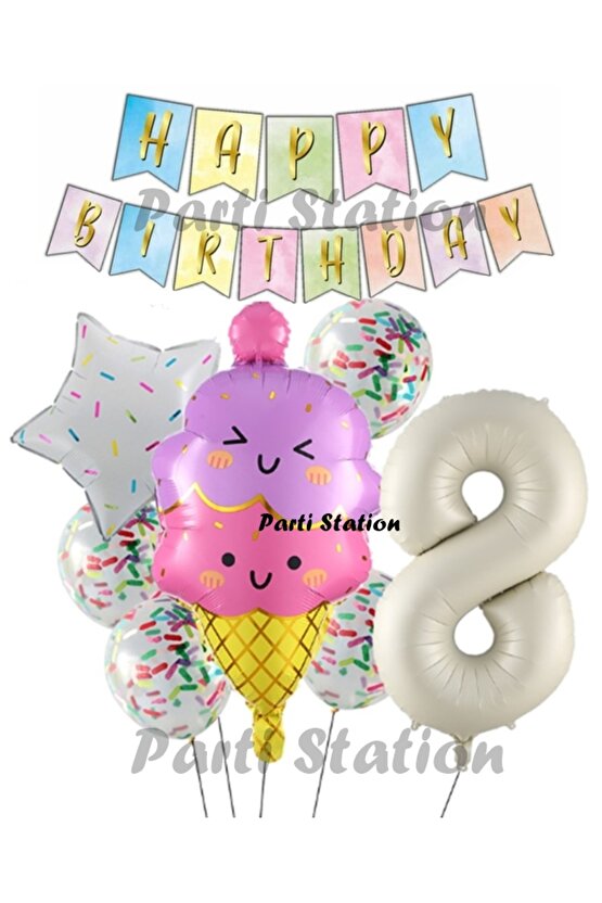 İce Cream Dondurma Konsept Doğum Günü 8 Yaş Balon Set Yaz Tema Sevimli Dondurma Folyo Balon Set