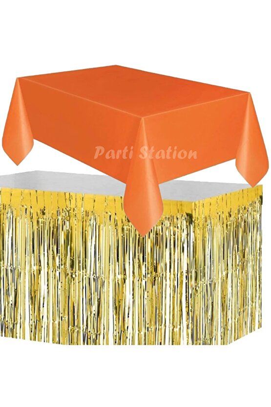 Masa Örtüsü ve Eteği Set Plastik Turuncu Renk Masa Örtüsü Gold Altın Renk Metalize Masa Eteği Set
