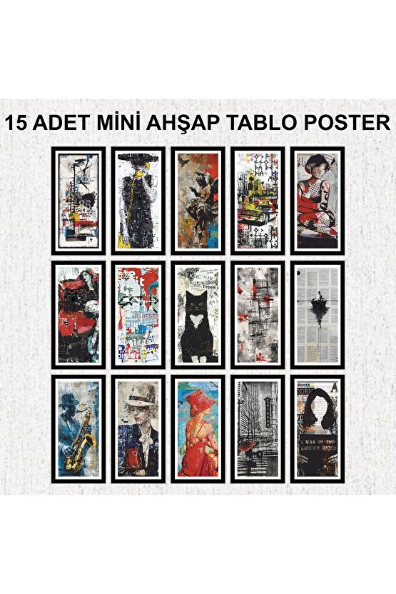 popart estetik absürt ev mutfak dekorasyon genç odası mini ahşap tablo poster seti 15 adet