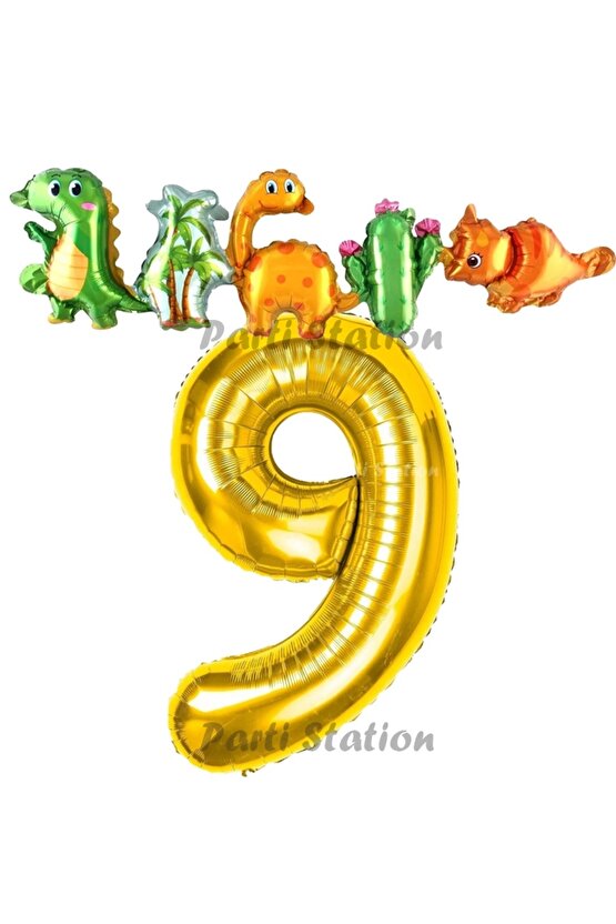 Altın Renk Rakam Balonlu Dinozor 9 Yaş Doğum Günü Parti Yapışık Balon Set Dinozor Tema Parti Set