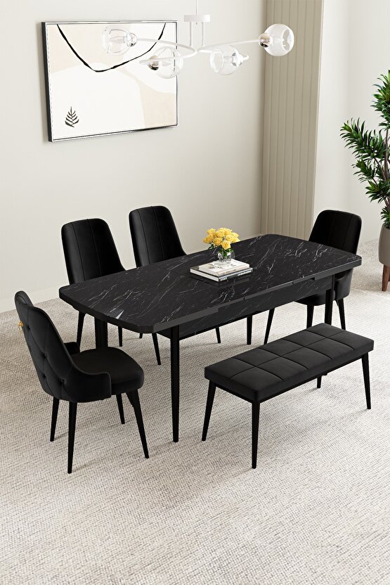 Mabel Siyah Mermer Desen 80x132 Açılabilir Mutfak Masası Takımı 4 Sandalye, 1 Bench