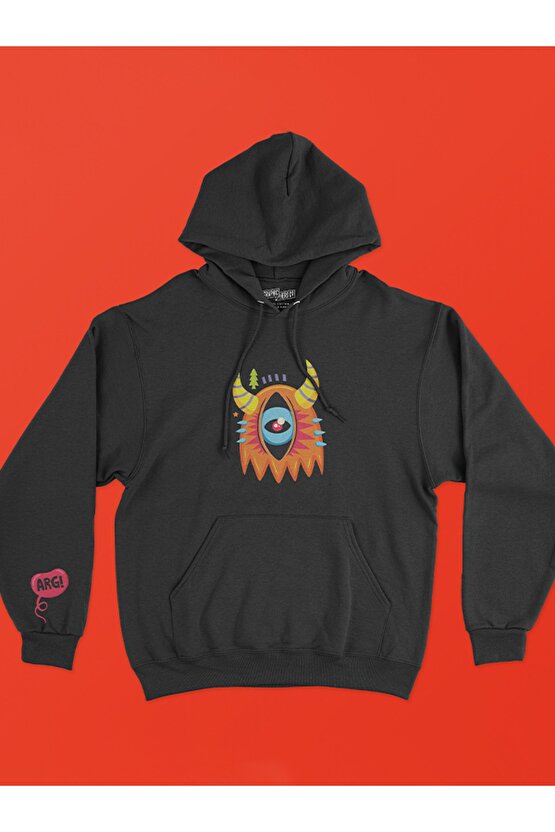Monster Serisi Göz Baskılı Tasarım 2 Iplik Şardonlu Siyah Hoodie Sweatshirt