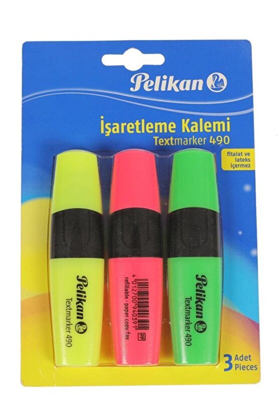 490 Fosforlu Işaretleme Kalemi 3 Renk Sarı-pembe-yeşil Pl940300ıkmt03