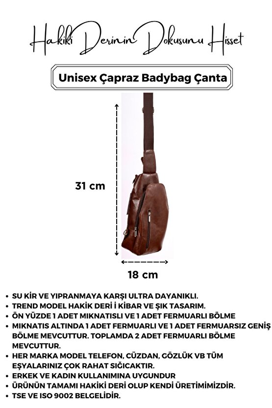 Unisex Kahverengi Hakiki Deri Çapraz Badybag Omuz ve Göğüs Çantası (USB Çıkışlı)