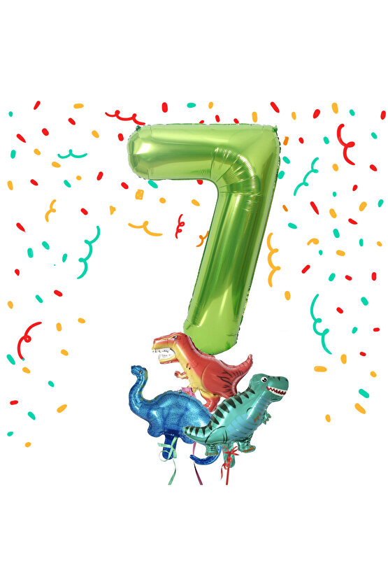 Yeşil Renk Rakam Balonlu Küçük Boy Dinozor Balonlu 7 Yaş Dinozor Konsept Doğum Günü Parti Balon Set