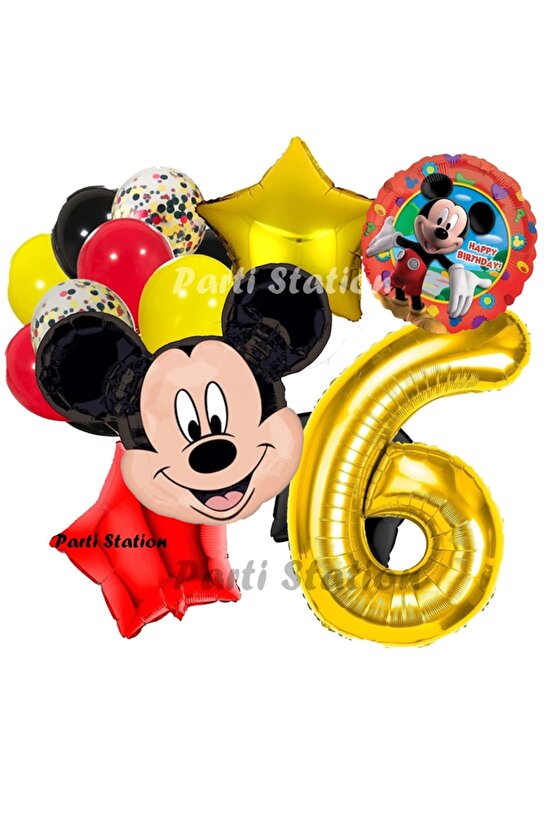 Mickey Mouse 6 Yaş Doğum Günü Parti Balon Seti Fare Mickey Mouse Altın Rakam Balon Konsept Set