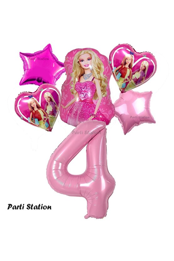 Folyo Balon Set Barbie Kalp Pembe 4 Yaş Balon Set Barbie Konsept Doğum Günü Set Yaş Balon Set