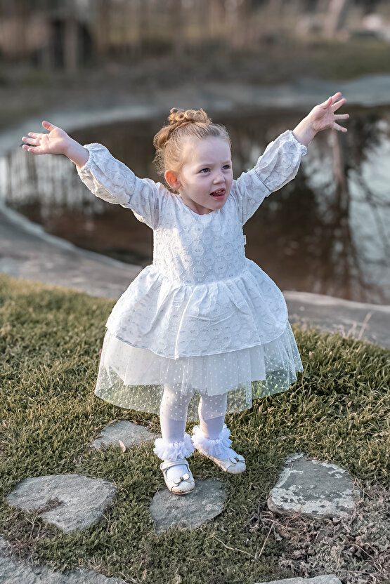 Kız Bebek Elbise Kız Çocuk Elbise Doğum Günü Parti Düğün Elbise Tüllü Uzun Kol Astarlı Bebek Giyim