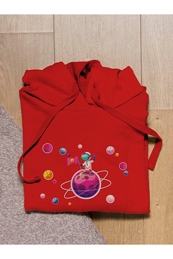 Uzay Baskılı Tasarım 3 Iplik Kalın Sarı Hoodie Sweatshirt