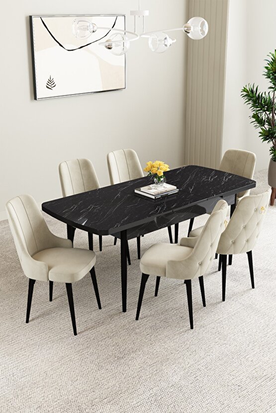 Mabel Siyah Mermer Desen 80x132 Açılabilir Yemek Odası Takımı 6 Adet Sandalye