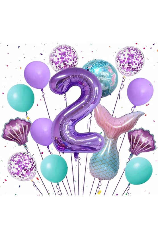 Mor Renk Deniz Kızı Konsept 2 Yaş Rakam Balon Set Deniz Kızı Temalı Doğum Günü Parti Seti