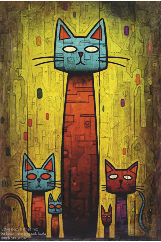 sevimli kedi ailesi yağlı boya estetik duvar tablo dekor retro ahşap poster