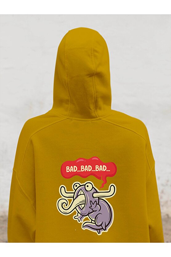 Monster Arkası Baskılı Tasarım 3 Iplik Kalın Sarı Hoodie Sweatshirt