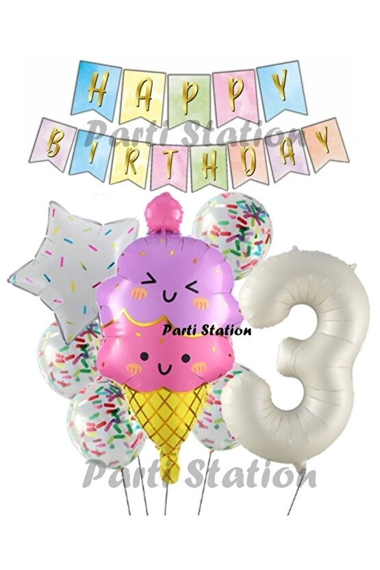 İce Cream Dondurma Konsept Doğum Günü 3 Yaş Balon Set Yaz Tema Sevimli Dondurma Folyo Balon Set