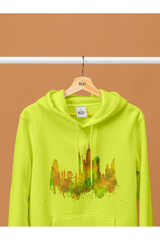 Renkli New York Illustration Baskılı 3 Iplik Kalın Sweatshirt Hoodie