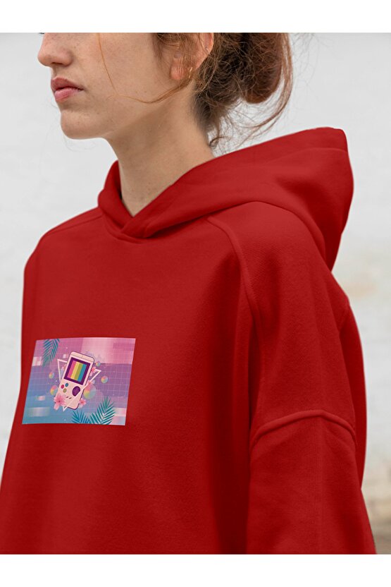 Vapor Wave Tetris Design Baskılı Tasarım 3 Iplik Kalın Gri Hoodie Sweatshirt