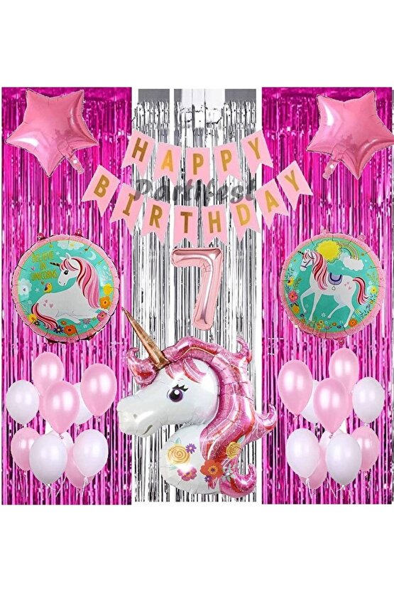 Pembe Unicorn Konsept 7 Yaş Balon Set Gökkuşağı Unicorn Doğum Günü Yaş Balon Set
