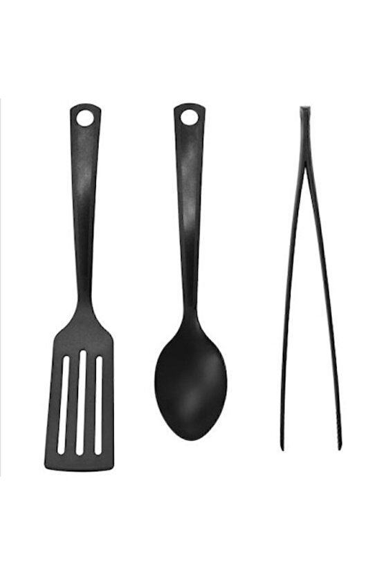 3 Parça Mutfak Gereçleri Seti Kaşık Spatula Maşa A Kalite Poliamid Plastik Siyah 30cm