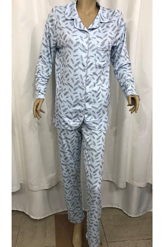 Kadın Önden Açık Pijama Takım-14301-mavi