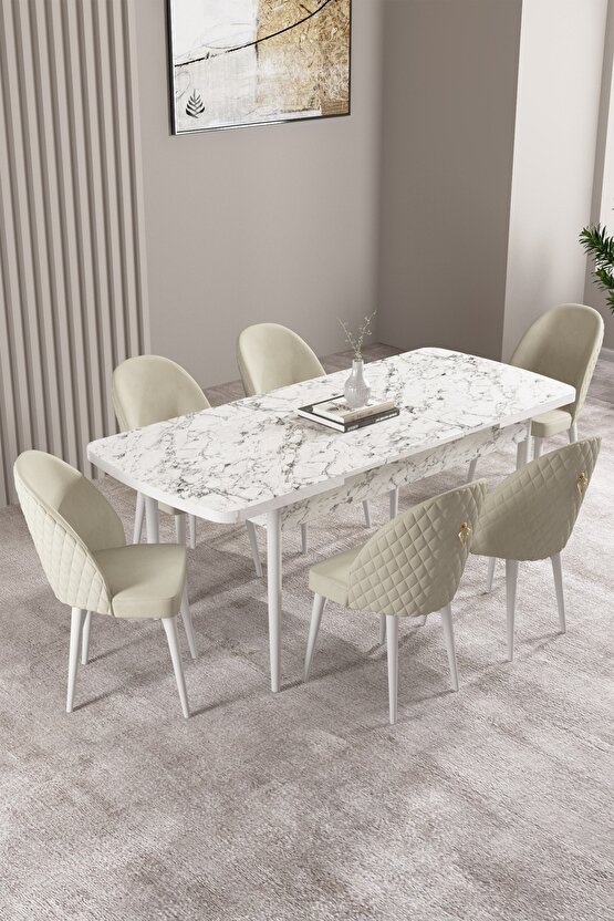 Milas Beyaz Mermer Desen 80x132 Mdf Açılabilir Yemek Masası Takımı 6 Adet Sandalye