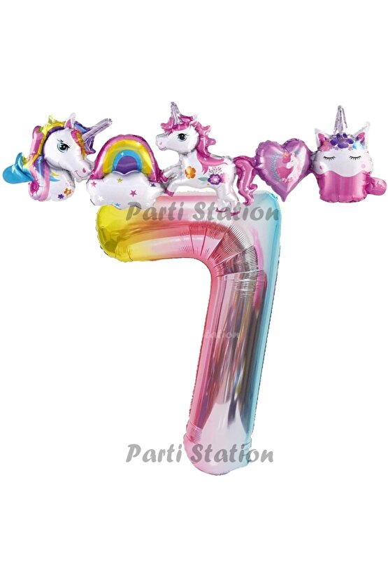 Renkli Gökkuşağı Renk Rakam Balonlu Unicorn 7 Yaş Doğum Günü Parti Balon Set Unicorn Tema Parti Seti