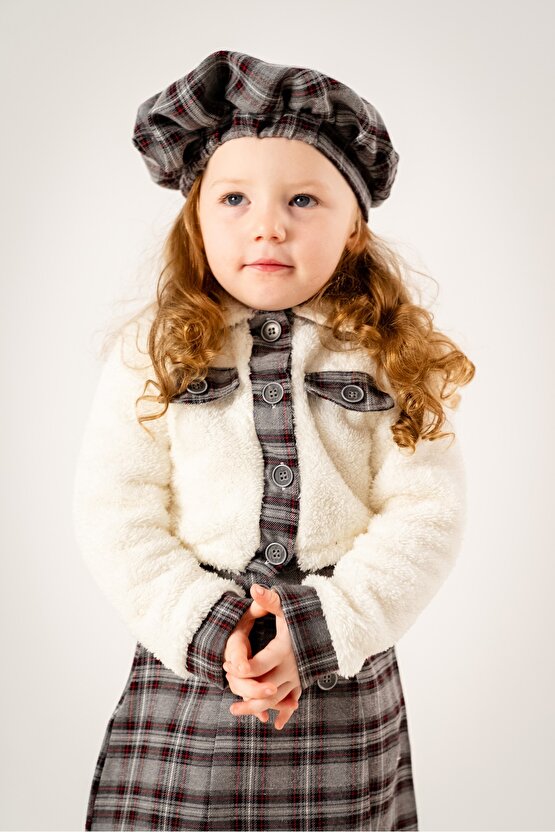 Kız Çocuk Kız Bebek Hırkalı Şapkalı Etekli Welsoft Peluş Oduncu Üçlü Elbise Takım