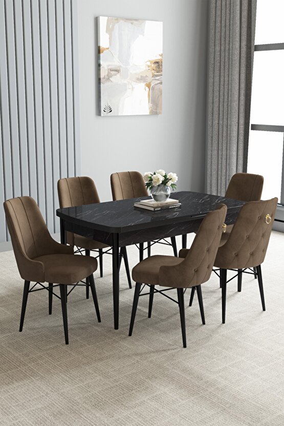Jusie Siyah Mermer Desen 80x132 Açılabilir Yemek Odası Takımı 6 Adet Sandalye