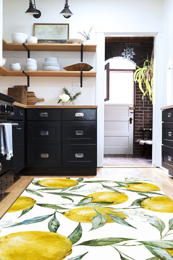 Bambu Mutfak Kitchen Halısı Beyaz Zemin Kaymaz Tabanlı Dijital Baskılı Limon Desenli