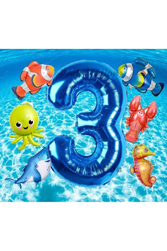Okyanus Hayvanları 3 Yaş Doğum Günü Balon Set Deniz Canlıları Köpek Balığı Ahtapot Kırmızı Balık Set