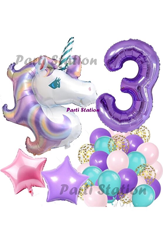 Mor Rakam Balonlu Unicorn Konsept 3 Yaş Doğum Günü Balon Set Mor Unicorn Tema Folyo Balon Set