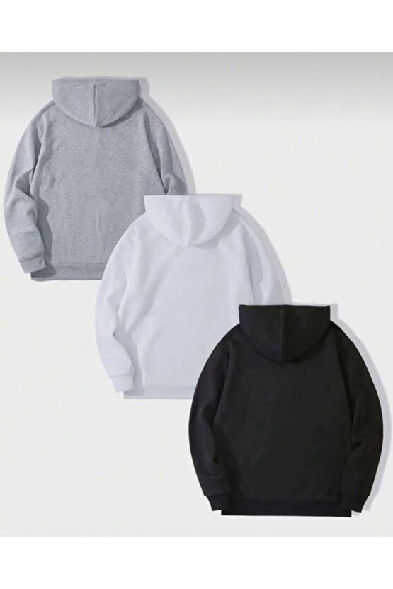 Unisex Oversize 3lü Paket Siyah-Gri-Beyaz Kapşonlu Sweatshirt