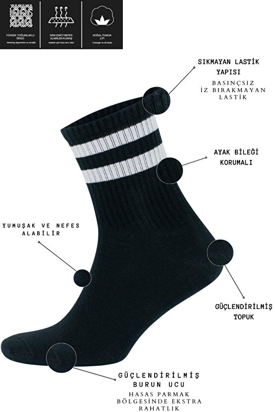 Erkek Kadın (3 ÇİFT) Çizgili Kolej Tenis Çorabı Pamuklu Terletmez Çorap