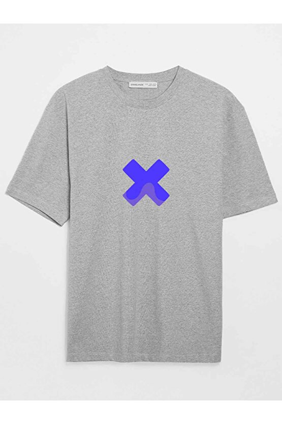 X Baskılı Tasarım Basic Gri Tshirt
