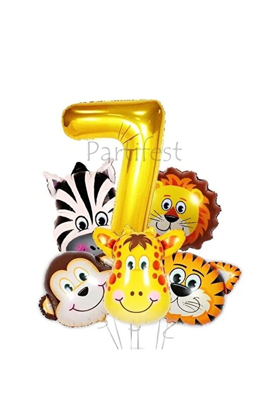 Safari Hayvanlar 7 Yaş Balon Set Safari Büyük Kafa Balon Folyo Balon Set Konsept Doğum Günü Set