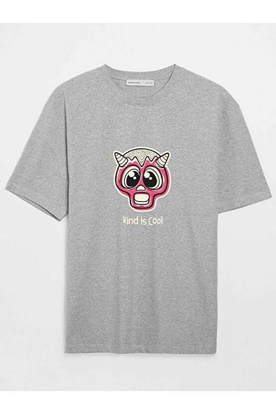 Pink Baskılı Tasarım Gri Basic Tshirt