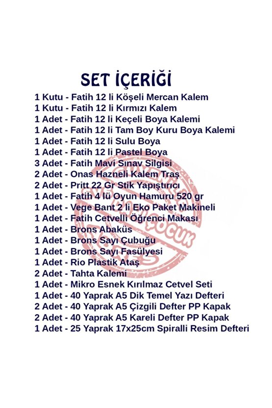 İlkokul 1. Sınıf Kırtasiye Seti 29 Parça Başlangıç Full Tam Set