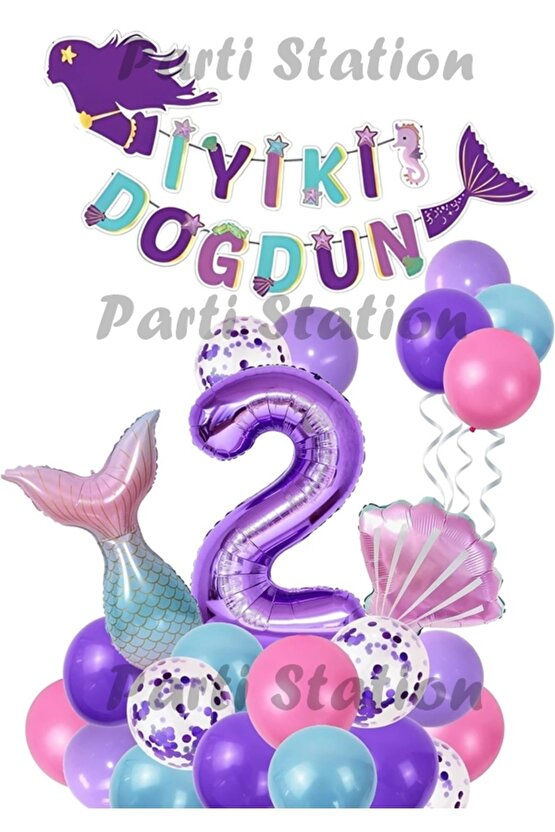 Mor Rakam Balon Deniz Kızı Konsept Parti 2 Yaş Balon Set Mermaid Doğum Günü Balon Set Deniz Kızı