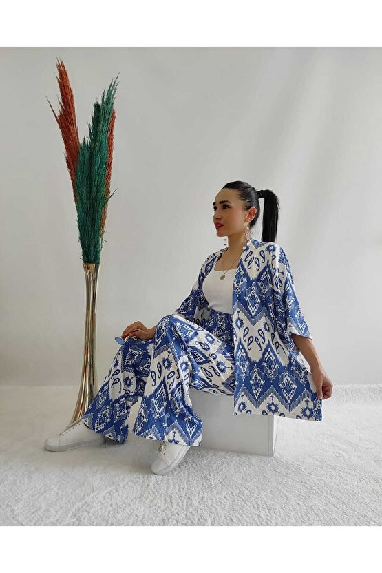 Mavi Renk Moda Desenli Ikili Kimono Takım ( Rahat Kalıp ) puqqasz002