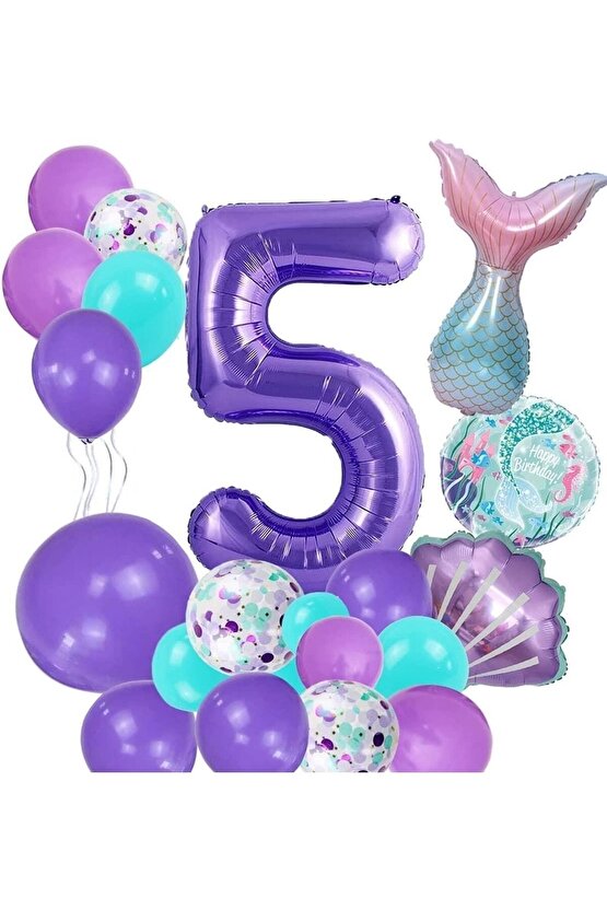 Mor Rakam Balon 5 Yaş Deniz Kızı Temalı Doğum Günü Parti Kutlama Seti Konsept 1
