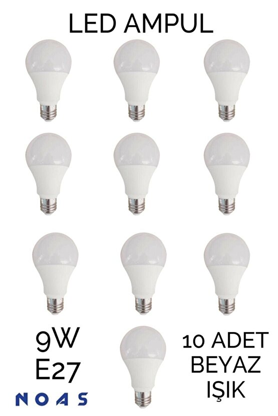 10 Adet 9 Watt E27 Duylu Led Ampul - Beyaz Işık- 10lu Paket