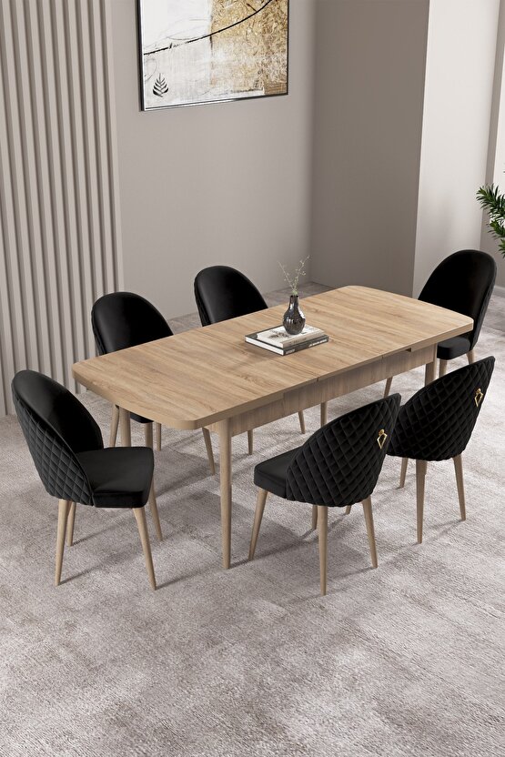 Milas Meşe Desen 80x132 Mdf Açılabilir Yemek Masası Takımı 6 Adet Sandalye