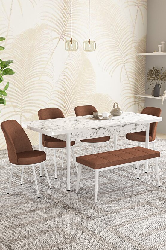 Rita Beyaz Mermer Desen 80x132 Açılabilir Mutfak Masası Takımı 4 Sandalye, 1 Bench