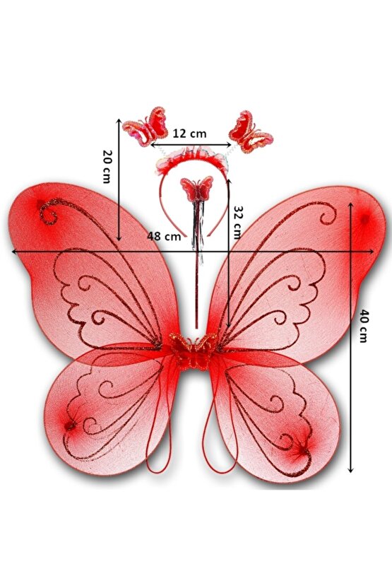 Kelebek Kanat, Asa Ve Taç 3lü Set - Kırmızı